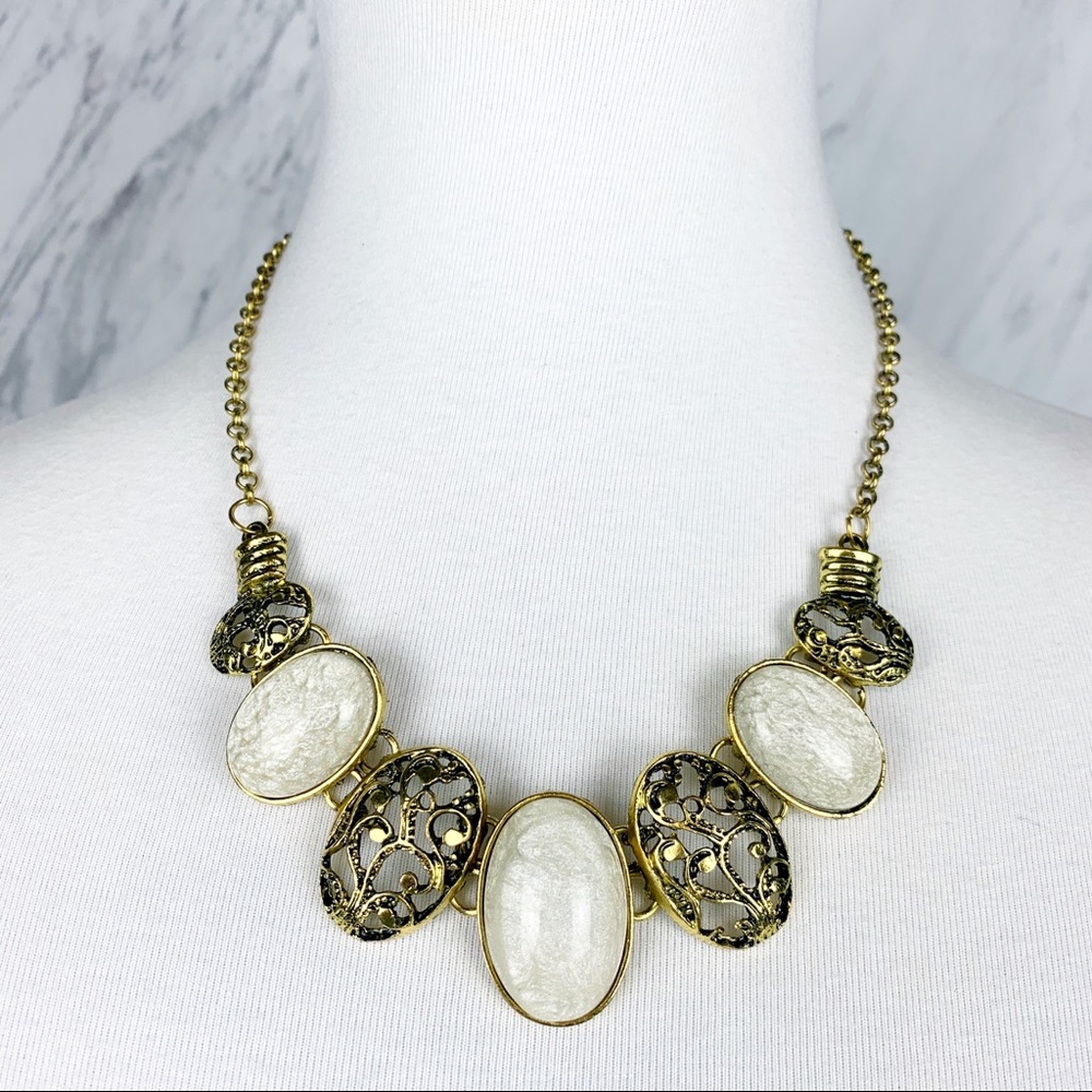 Gold Filigree Statement Necklace White Oval Stone Vintage Inspired Boho Glam